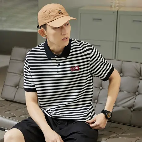 唐狮翻领t恤纯棉男装衬衫港风宽松黑色条纹polo衫夏季男士短袖有商品大图
