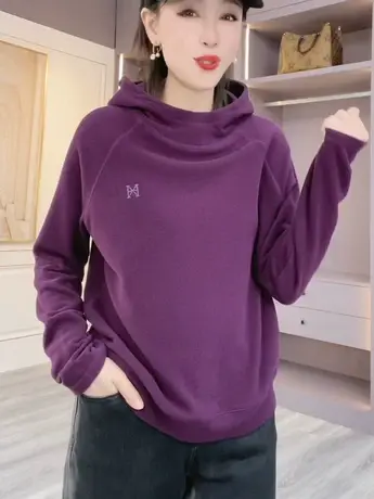 时尚秋冬新款百搭洋气双面德绒连帽卫衣女士上衣休闲爆款高领帽衫图片