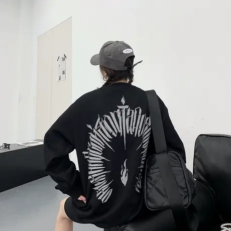 欧美高街宽松加绒加厚卫衣女大码ins潮酷慵懒风长袖早秋chic上衣商品大图