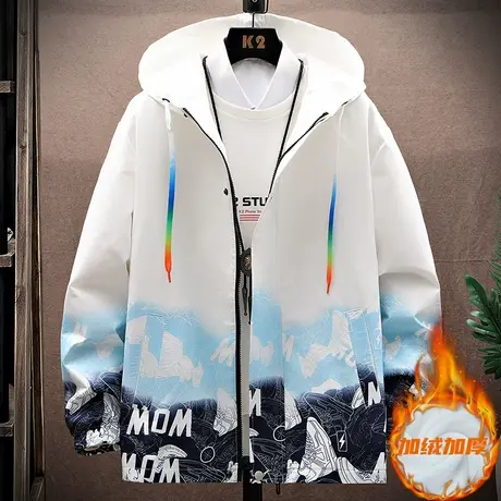 男士加绒外套秋冬季2023新款潮流韩版学生加厚棉衣服男生夹克百搭商品大图