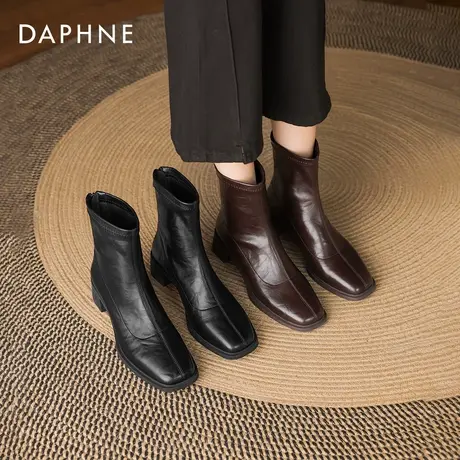 达芙妮棕色短靴女款2026新款美拉德靴子方头粗跟瘦瘦靴冬季马丁靴商品大图