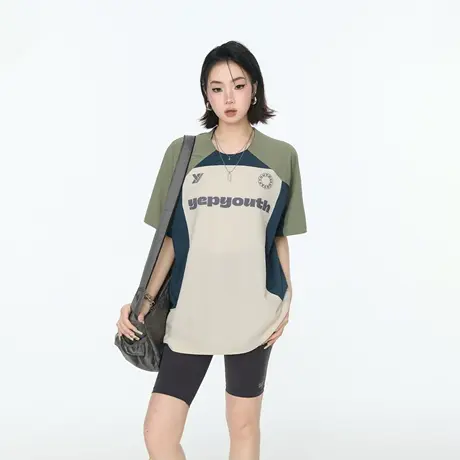 2025新款拼色印花短袖T恤男女同款圆领潮牌夏季运动街头风半袖上商品大图