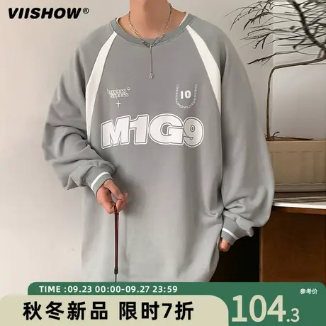 VIISHOW麂皮绒美式潮牌卫衣男春秋季圆领宽松痞帅重磅美式上衣商品大图