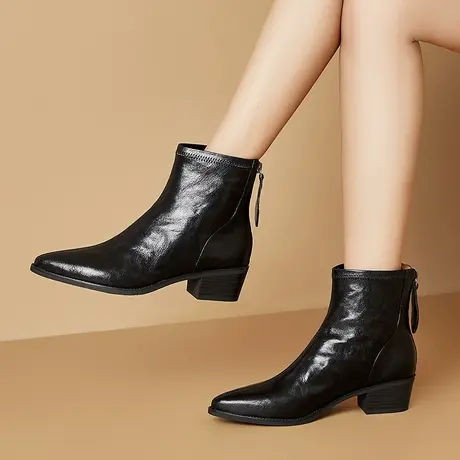 真皮柔软舒适羊皮软面软皮尖头气质短靴后拉链便捷百搭显瘦骑士靴图片