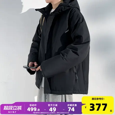 唐狮2024新款男士羽绒服连帽拉链短款黑色简约休闲厚外套宽松夹克图片