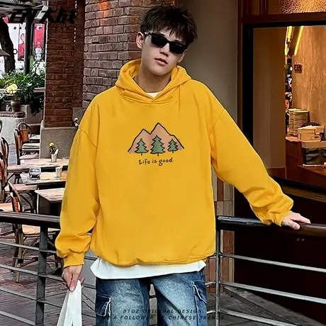 潮牌小众涂鸦山系森林连帽卫衣男女款正肩情侣重磅纯棉外套连帽衫商品大图
