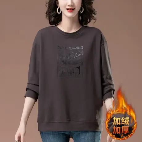 圆领卫衣女秋冬季加绒加厚中老年妈妈加肥加大码女装宽松休闲上衣商品大图