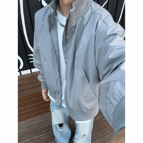 灰色立领飞行员夹克男秋季美式短款棒球服cleanfit廓形工装外套商品大图