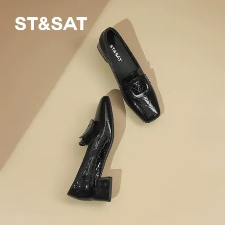 St&Sat/星期六牛皮深口女单鞋方头粗跟方扣一脚蹬休闲黑色小皮鞋图片