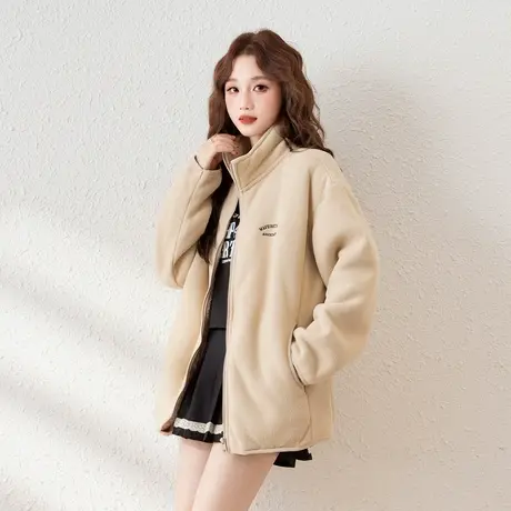 唐狮秋冬季新爆款摇粒绒加厚外套女宽松韩版休闲加绒上衣黑色潮tu图片