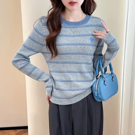 唐狮秋冬季毛衣女爱心刺绣条纹圆领套头慵懒风高级感时尚百搭TM图片