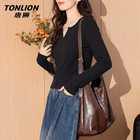 唐狮官方修身长袖t恤女2026新款春季小v领显瘦打底衫黑色短上衣VC图片
