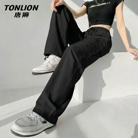 唐狮官方黑色伞兵工装裤女2026新款夏季薄款户外运动抽绳阔腿裤VB商品大图