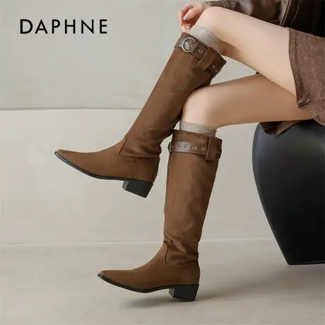 达芙妮加绒长筒靴子女冬季2025新款不过膝加厚保暖雪地靴骑士长靴商品大图