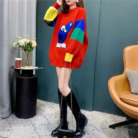 设计感加厚圆领毛衣女中长款2021新款秋冬洋气减龄宽松慵懒风上衣商品大图