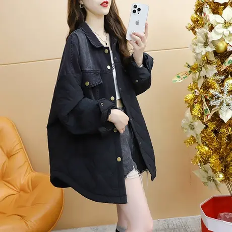 设计感牛仔拼接棉服工装外套女2023新款秋冬季宽松慵懒风百搭上衣图片