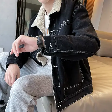 唐狮黑色牛仔外套加绒春秋新款男士复古加厚外套潮流帅气夹克高级图片