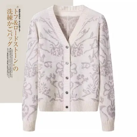 享永子【浣熊绒新秋限定】V领提花针织开衫毛衣外套宽松文艺复古图片