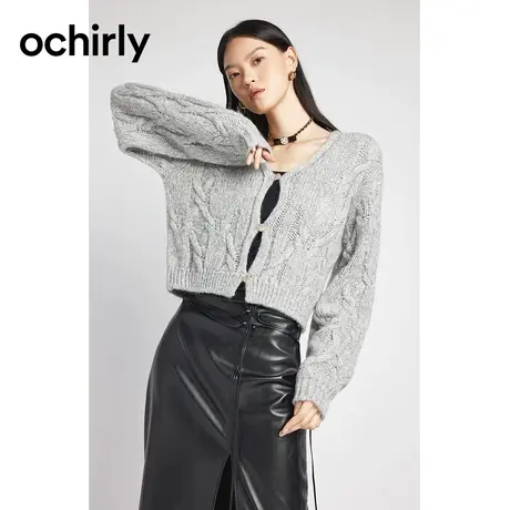 【品牌甄选】欧时力 慵懒风绞花针织开衫新款秋复古法式钻扣外套图片