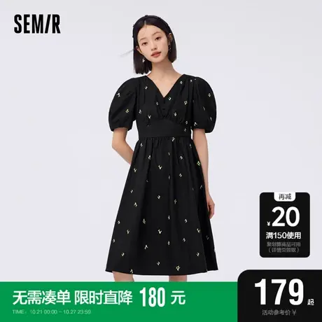 [商场同款]森马连衣裙女泡泡袖V领收腰2023夏季新款重工绣花裙子图片