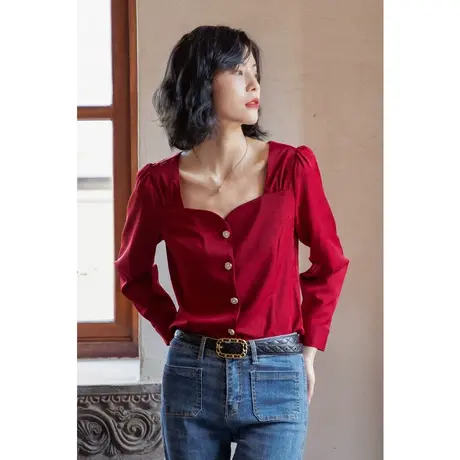 弥古复古港味法式红色方领上衣设计感小众轻熟风衬衫衬衣女夏图片