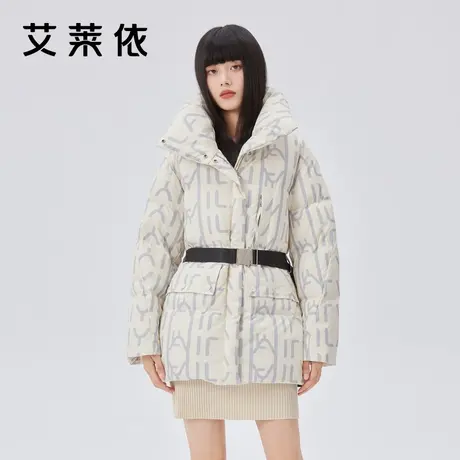 艾莱依印花羽绒服女新款时尚设计感立领收腰中长款冬季外套图片