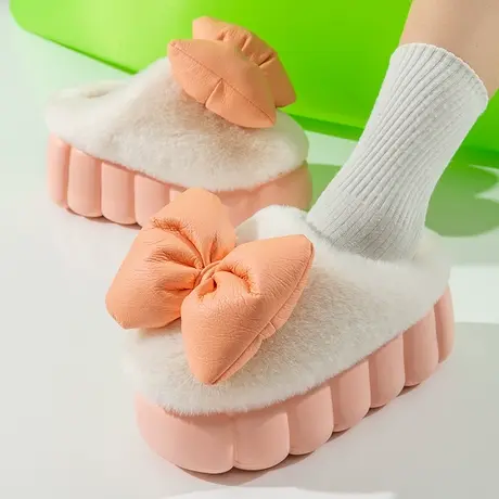 毛绒棉拖鞋女冬季厚底增高蝴蝶结ins风加绒保暖防滑室内家居棉拖商品大图