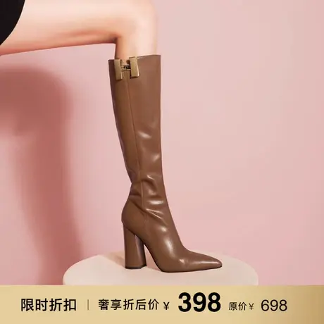 熙漫2023秋冬新款尖头长靴欧美时尚粗跟加绒靴子简约百搭高筒女靴图片