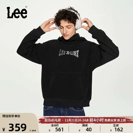 Lee舒适版型黑色logo刺绣挡风高领连帽摇粒绒男长袖卫衣休闲潮图片