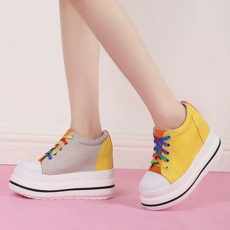 内增高女鞋10cm厚底运动鞋ins潮坡跟单鞋拼色系带休闲松糕帆布鞋图片