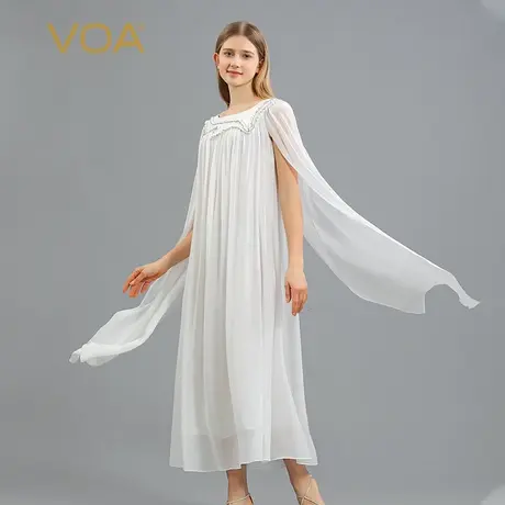 VOA乔其桑蚕丝茶白圆领长袖对丝工艺明线装饰公主优雅真丝连衣裙图片