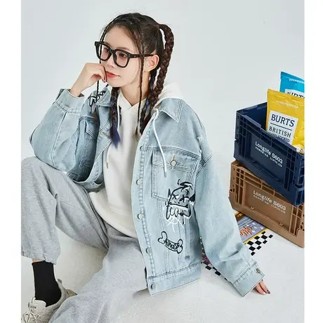 唐狮牛仔外套女涂鸦ins潮新款设计感短款上衣女宽松牛仔夹克Q图片