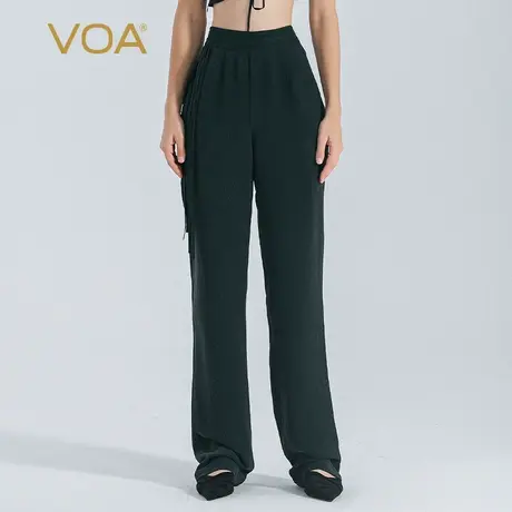 VOA松绿色40姆米鬼纡重磅桑蚕丝自然腰侧口袋流苏点缀真丝直筒裤商品大图