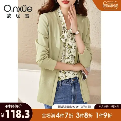 欧昵雪2024春秋新款假两件拼接印花飘带领针织衫女长袖套头小众感商品大图