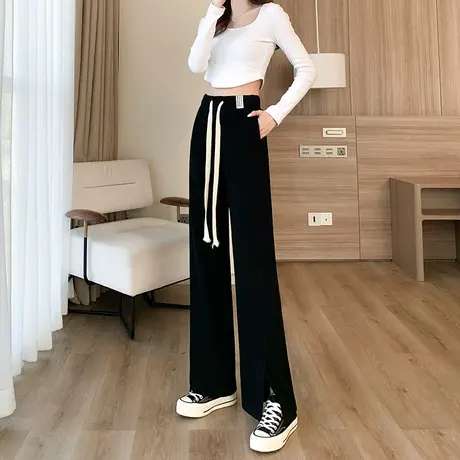 开叉阔腿裤女春秋高腰垂感拖地黑色显瘦百搭直筒休闲加长运动裤子商品大图