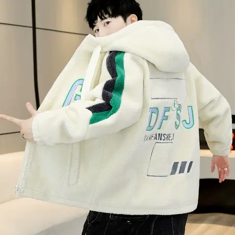 冬季羊羔绒棉衣男士学生连帽加厚帅气拼色颗粒绒棉服保暖袄子外套图片