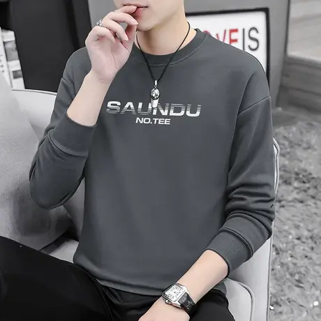 男士卫衣春秋款宽松潮流字母印花长袖t恤加绒圆领无帽秋装上衣服商品大图