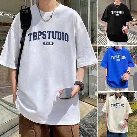 字母发泡印花短袖T恤男夏季薄款纯棉潮牌圆领休闲半袖男生打底衫商品大图