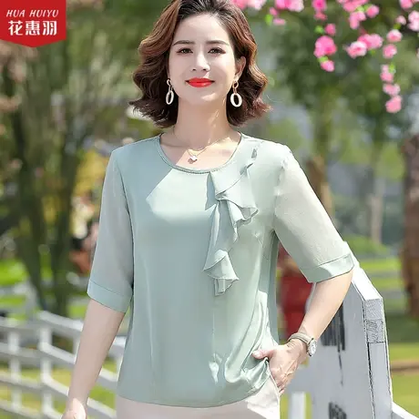 妈妈夏装短袖雪纺衫2022新款中年女气质上衣40岁50中老年夏季衬衫商品大图