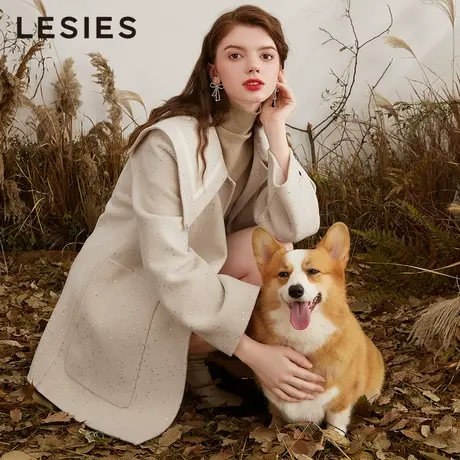 LESIES蓝色倾情2022冬女装优雅大翻领亮片织带一手长双面呢子大衣图片