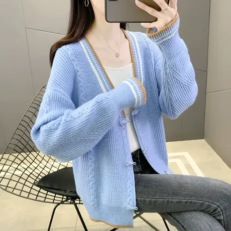 拼色V领开衫女2024春季新款韩版宽松针织衫精致盘扣外搭长袖毛衣商品大图