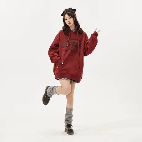 YEP复古酒红色卫衣女连帽2024春秋新款美式潮牌宽松外套上衣商品大图