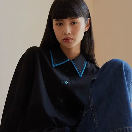 omont蛋挞家 复古撞色天丝长袖衬衫女秋季新款设计感宽松休闲衬衣商品大图