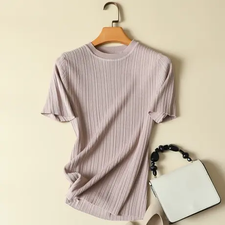 冰丝针织衫女2024春装新品短袖t恤女修身显瘦中袖打底衫上衣薄款商品大图