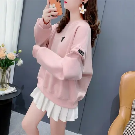 超火小个子圆领加绒卫衣女秋冬新款宽松洋气减龄时尚设计感上衣潮图片