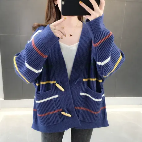 宽松懒惰风条纹针织开衫女毛衣秋冬新款洋气外套春秋慵懒外搭商品大图