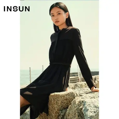 INSUN恩裳冬季衬衫拼接丝毛连衣裙图片