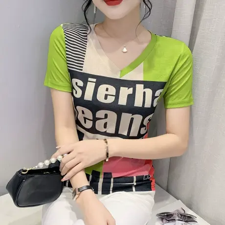 印花个性T恤女短袖2024新款ins潮修身洋气性感V领网纱上衣小衫夏商品大图