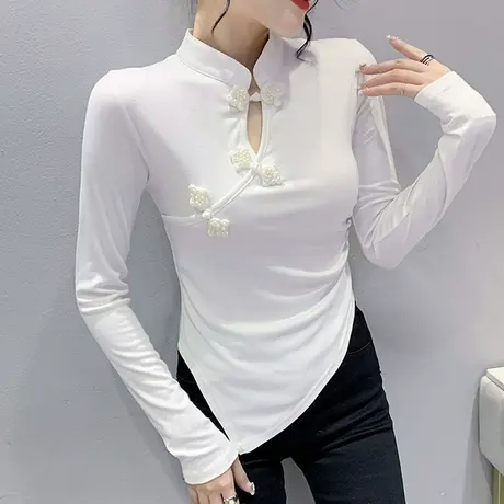 复古盘扣立领T恤女长袖欧货春装设计感不规则下摆上衣收腰打底衫商品大图