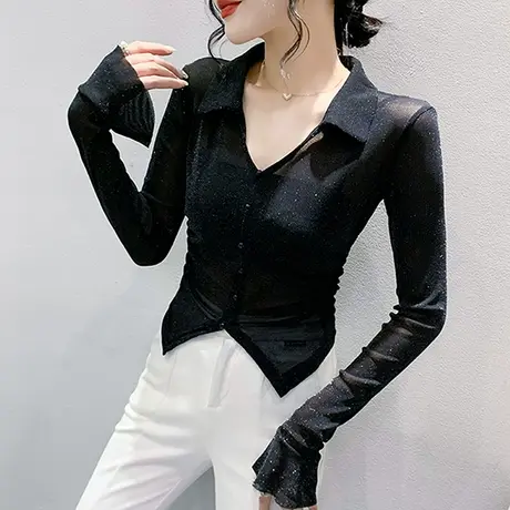 薄款防晒长袖女2024夏季新款性感V领网纱T恤高腰短款紧身上衣小衫商品大图